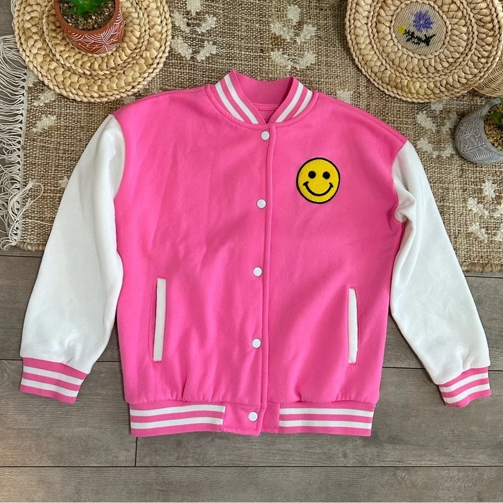 Boutique Girl’s Pink and White Varsity Jacket with Smiley Patch Size XL